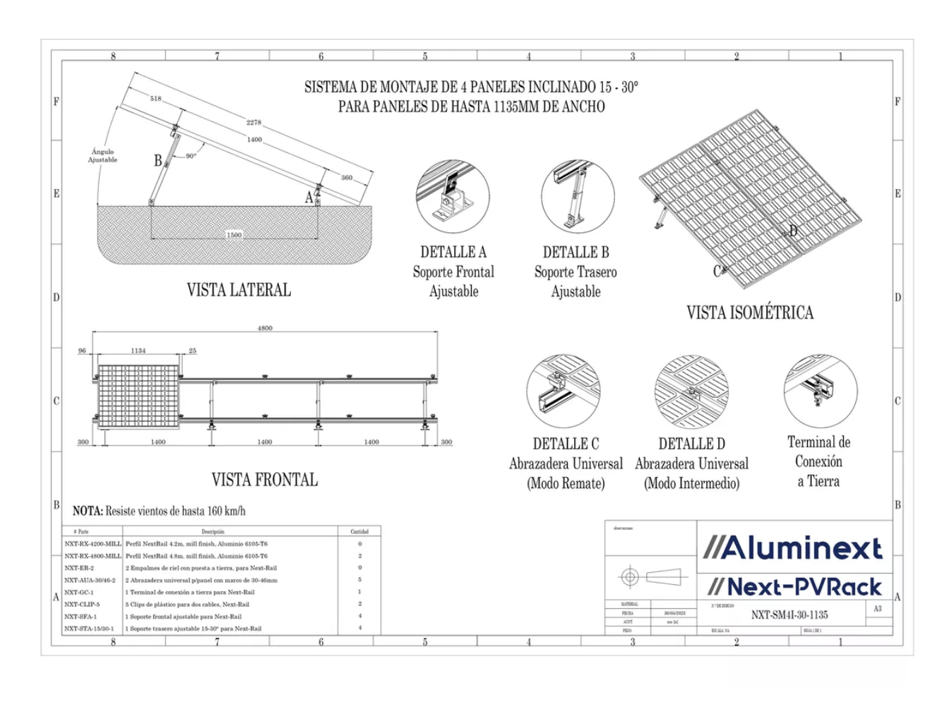 Estructura Aluminio 4 Paneles De Ajustable Desde 15° A 30°