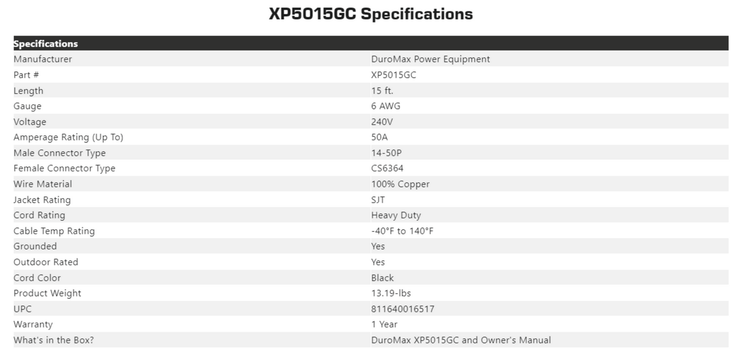 Cable de alimentación para generador XP1300HX de 4.57m en calibre 6 a 50 amperios